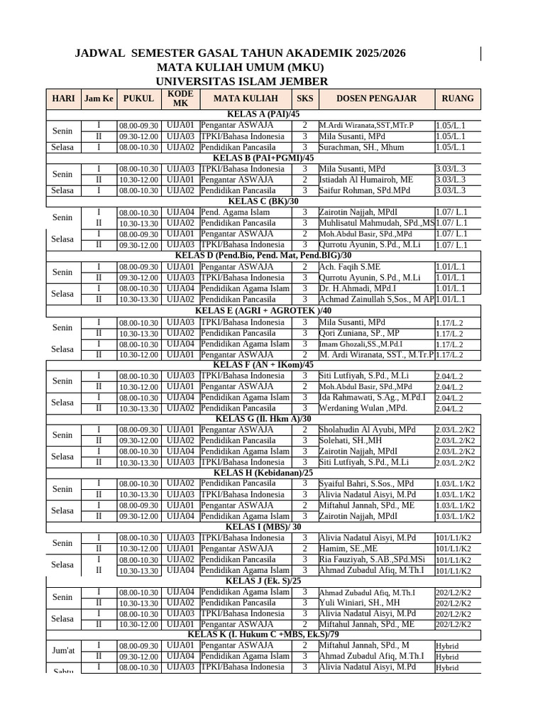 Jadwal Semester Gasal 2025/2026 UIJ | PDF