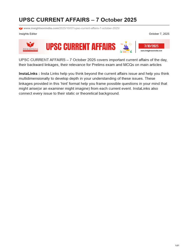 UPSC Current Affairs: 7 Oct 2025 Insights | PDF | Economic Inequality ...
