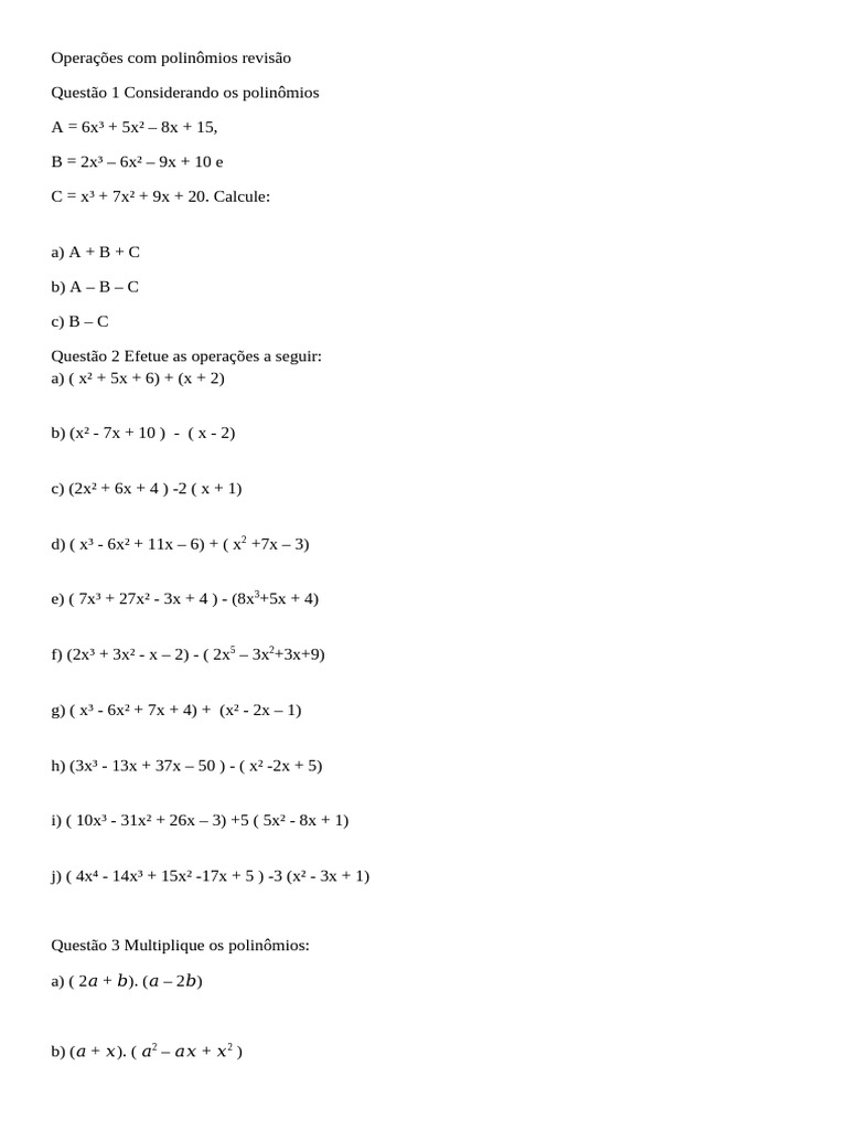 Operações e Cálculos com Polinômios | PDF | Matemática | Álgebra