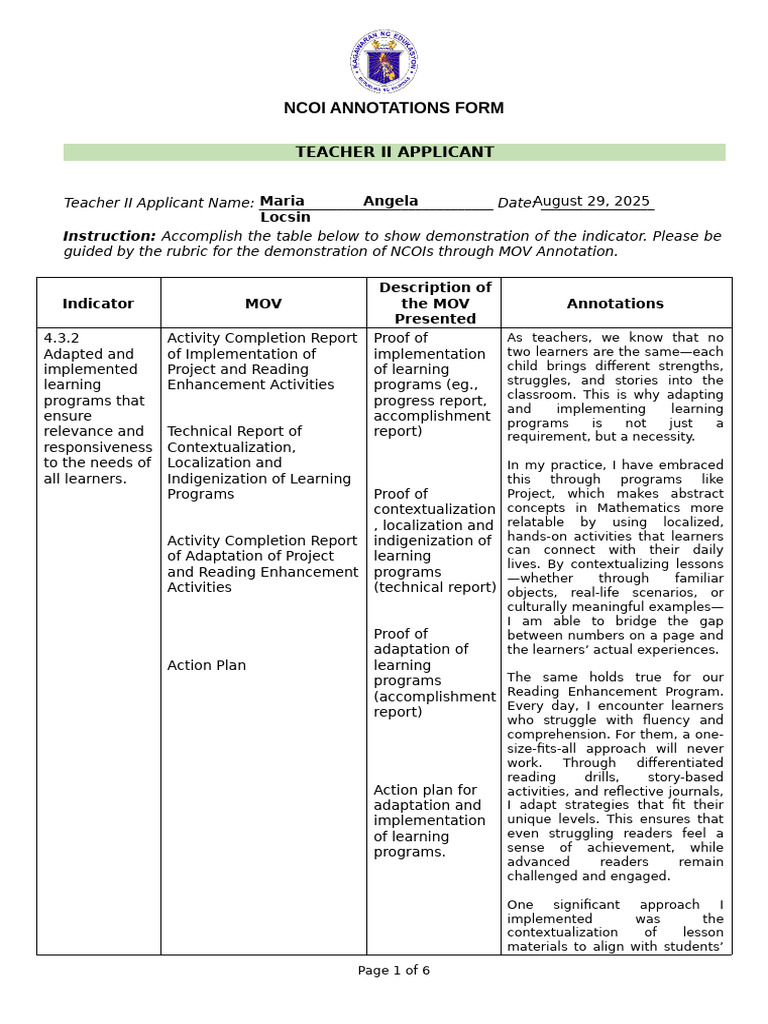 NCOI Annotations Form For Teacher II Applicant 1 | PDF | Educational ...