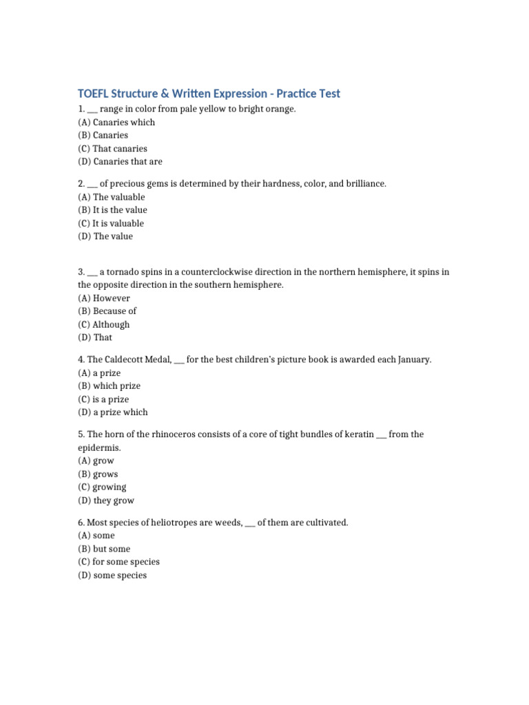 TOEFL Practice Test: Structure & Writing | PDF | Mountains