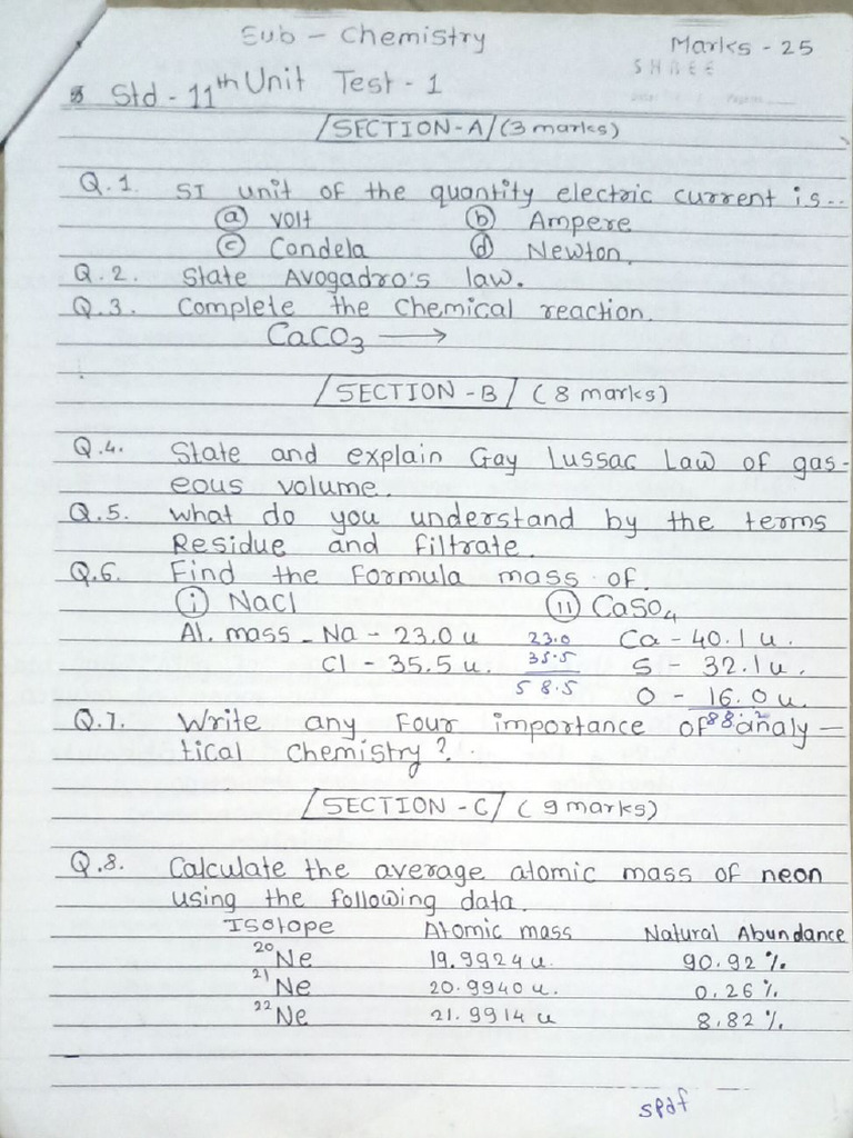 11th 1st Unit Test Chem | PDF