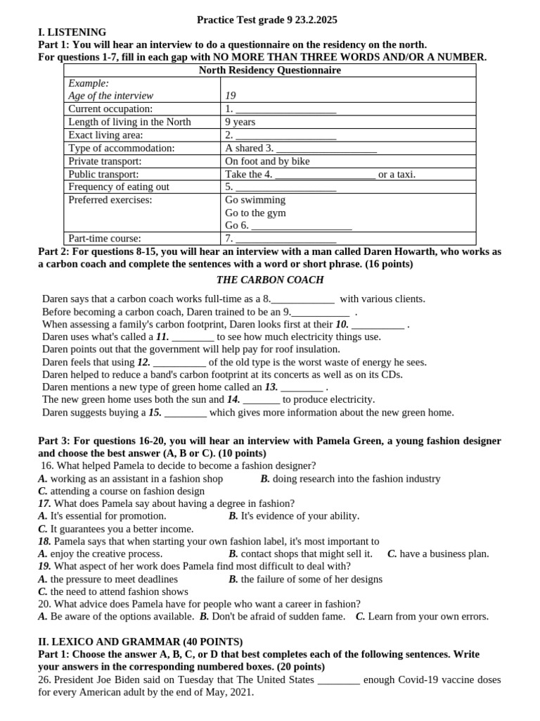 Grade 9 Practice Test Listening & Grammar | PDF | Extinction | Species
