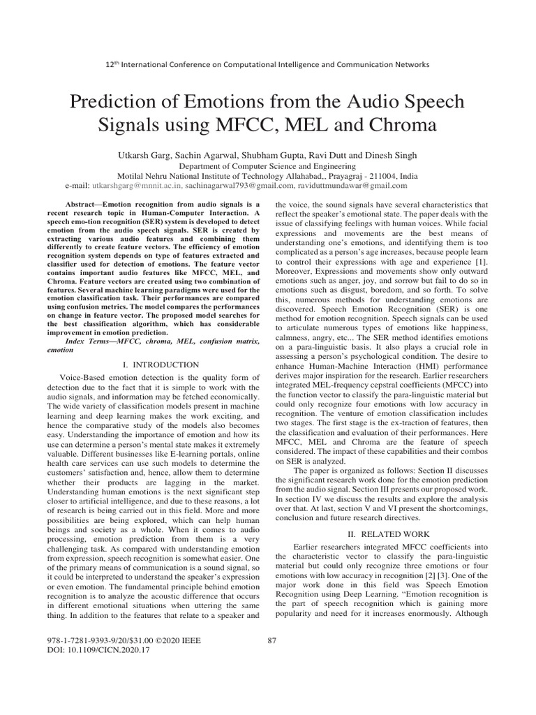Prediction of Emotions From The Audio Speech Signals Using MFCC MEL and ...