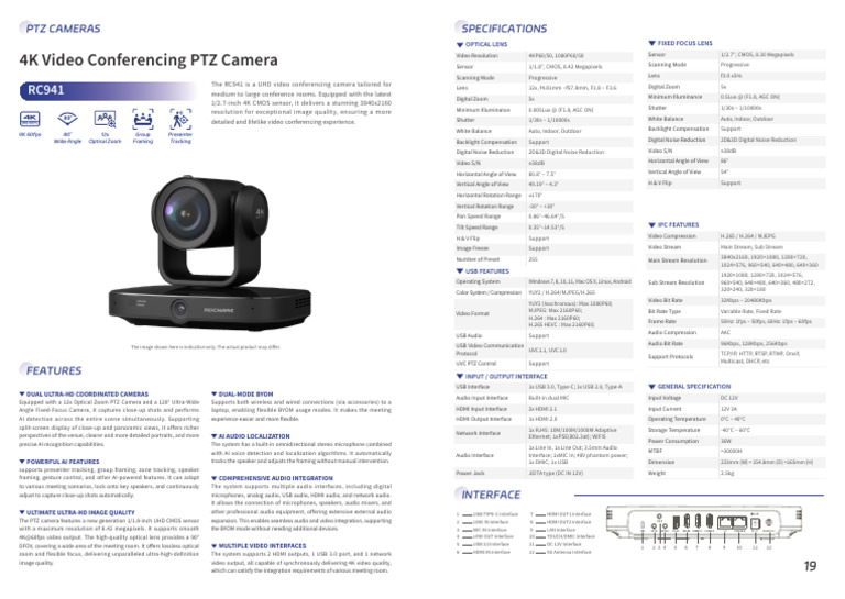 RC941 UHD Video Conferencing Camera | PDF | Hdmi | Camera Lens