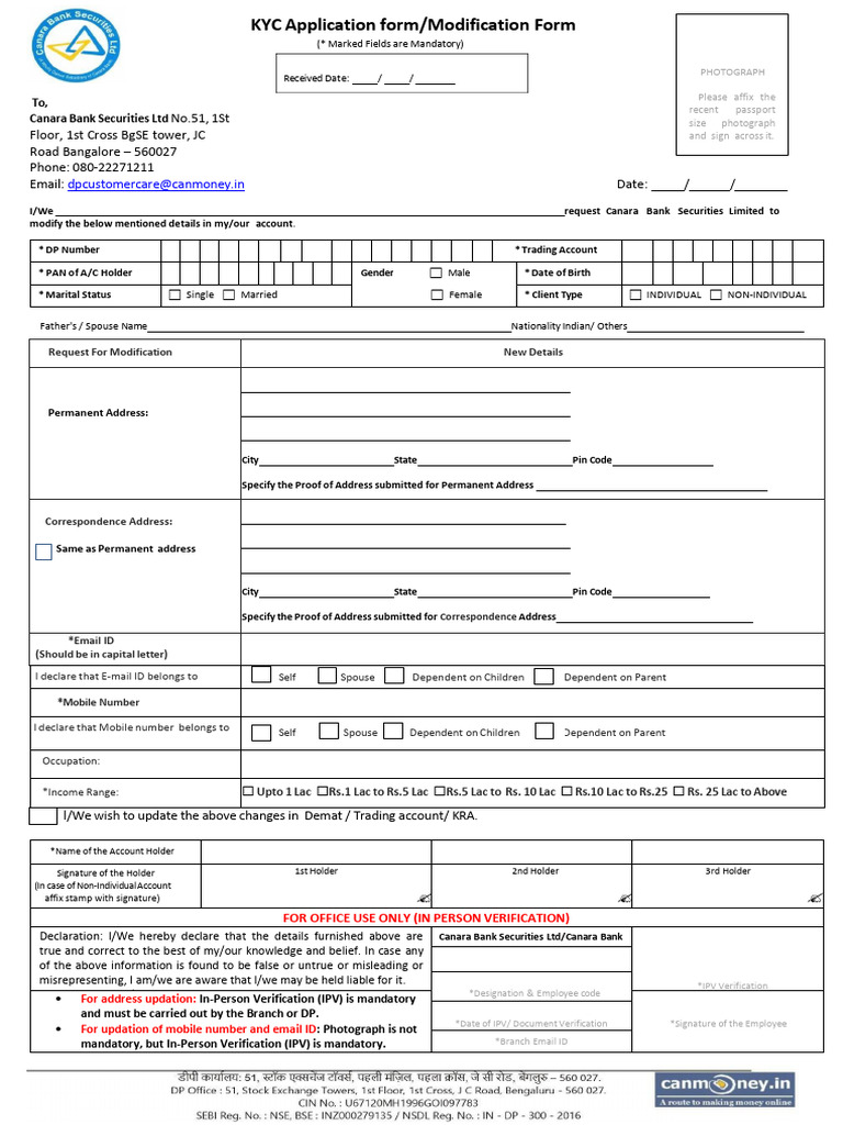 Canara Bank KYC Update Form | PDF