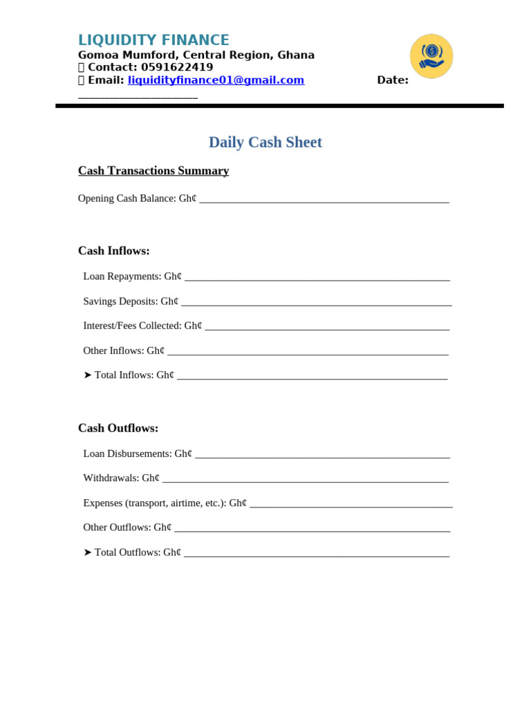 Daily Cash Sheet Liquidity Finance | PDF