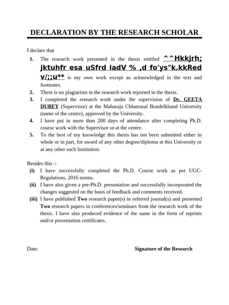 Declaration by The Research Scholar | PDF | Thesis | Doctor Of Philosophy