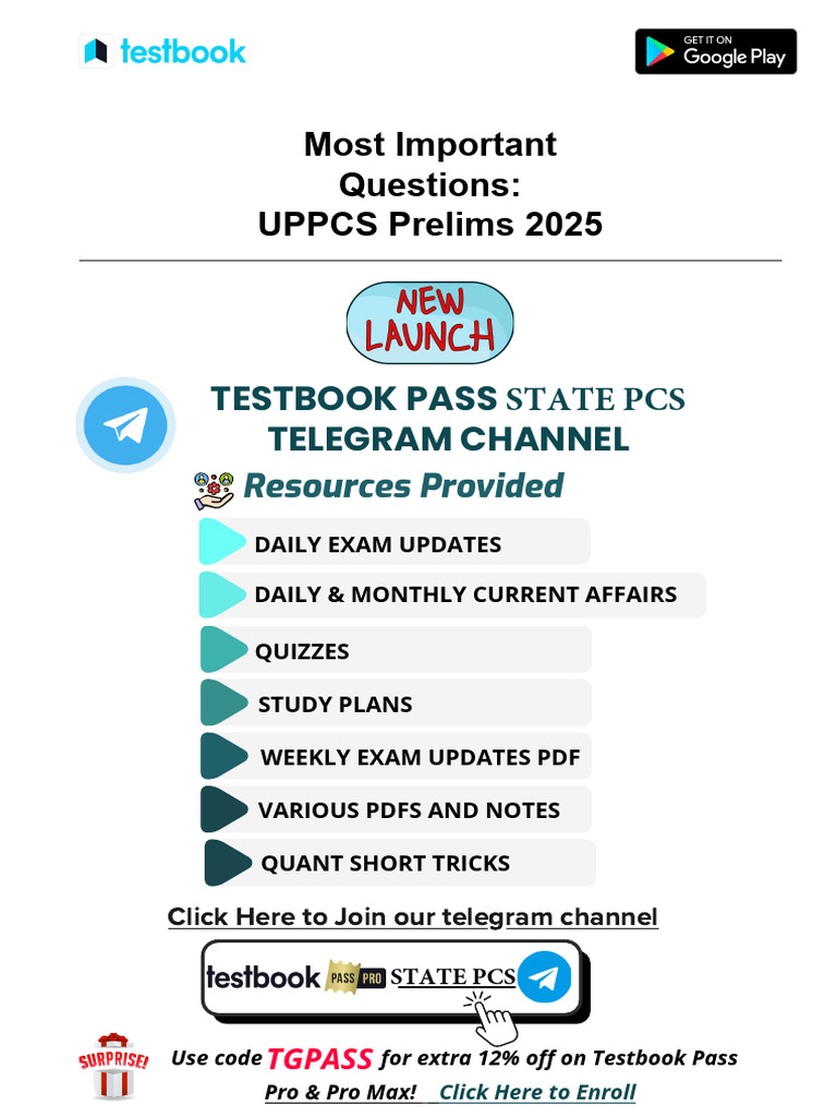 Most Important Questions: UPPCS Prelims 2025: Testbook Pass Telegram ...