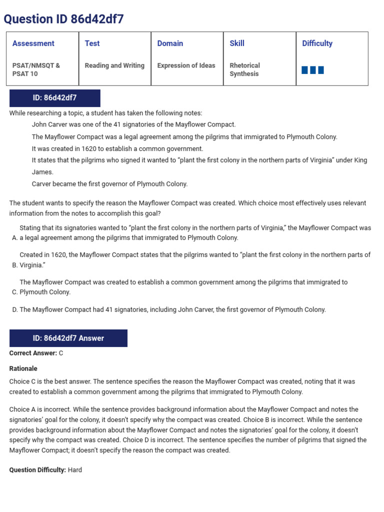 SAT Suite Question Bank - PSAT Rhetorical Synthesis ANSWERS | PDF ...