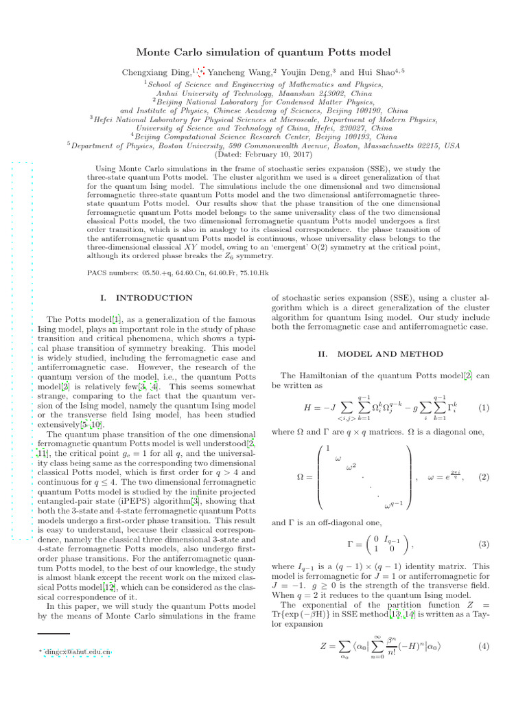 Monte Carlo Study of Quantum Potts Model | PDF | Phase Transition ...