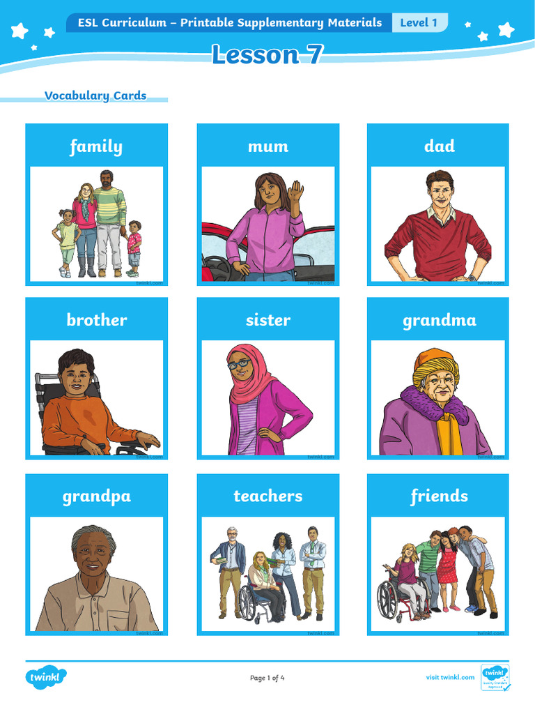 ESL Level 1 Lesson 7 Vocabulary Cards | PDF | Grandparent | Human Life ...