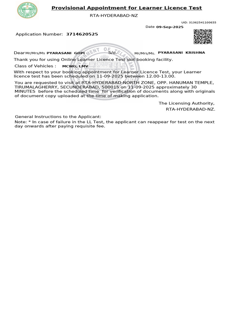 Learner Licence Test Appointment Notice | PDF | Driver's License | Vehicles