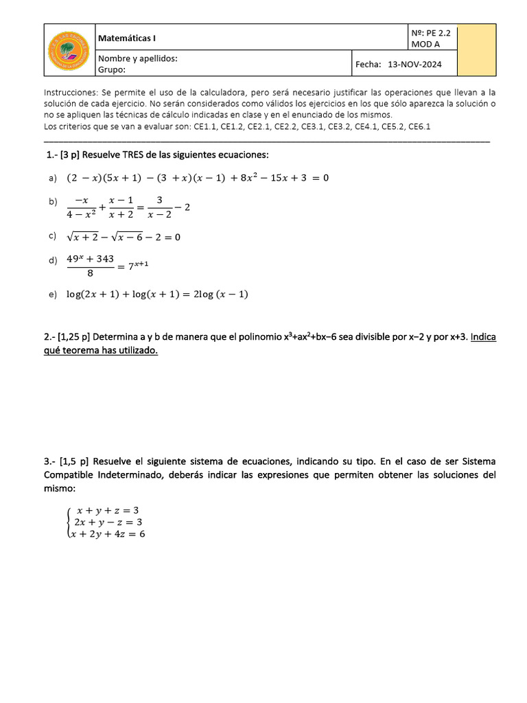 2024 - UD2 - 1ºA BACH MAT I Examen 13-11-2024 - Rev00 | PDF
