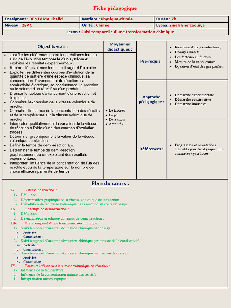 Suivi Temporel en Chimie 2BAC | PDF | Réactions chimiques | Chimie