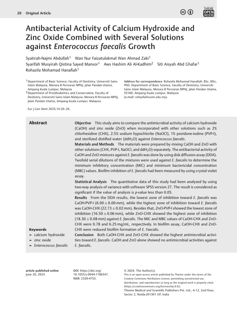 Antibacterial Effects of CaOH and ZnO on E. faecalis | PDF | Zinc Oxide ...