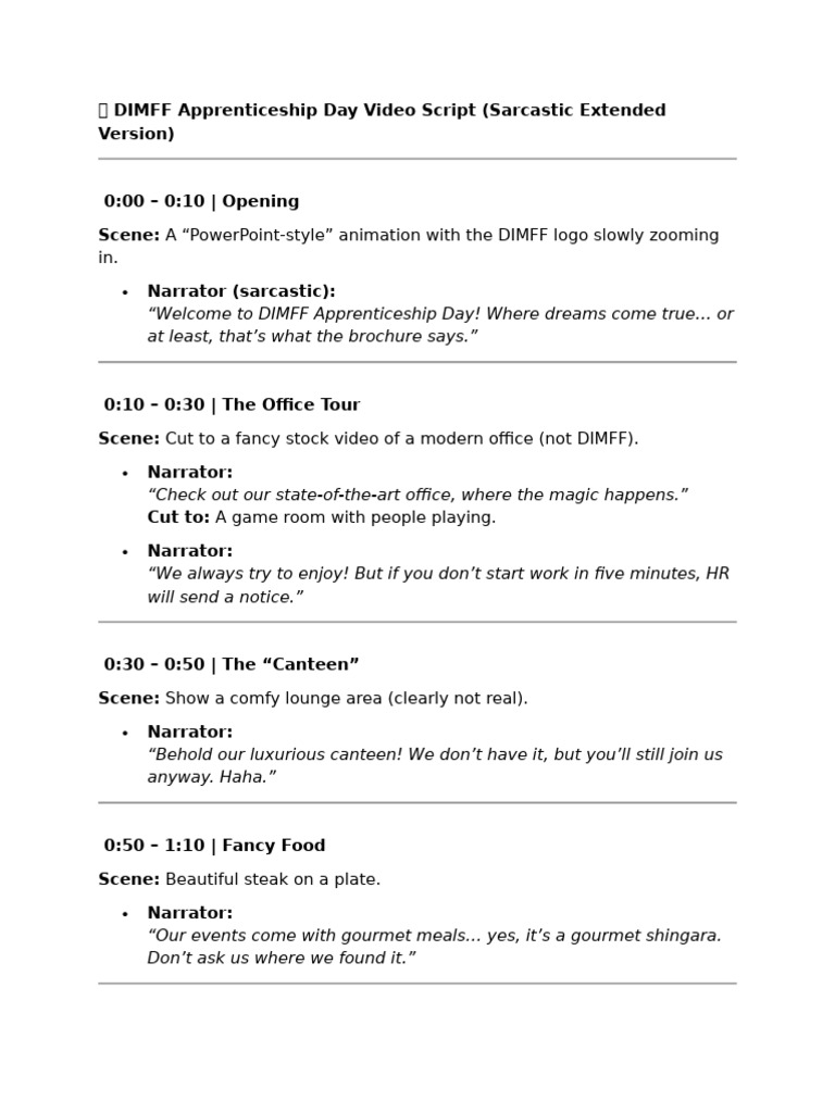 DIMFF Apprenticeship Day Video Script | PDF