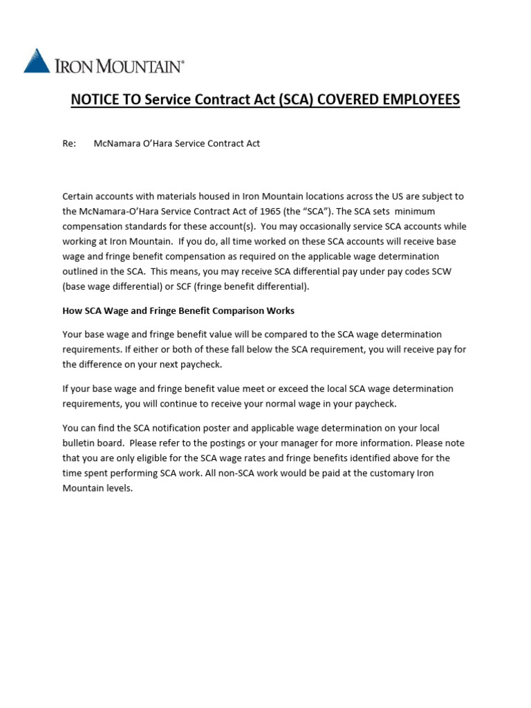 SCA Wage Guidelines for Iron Mountain Employees | PDF