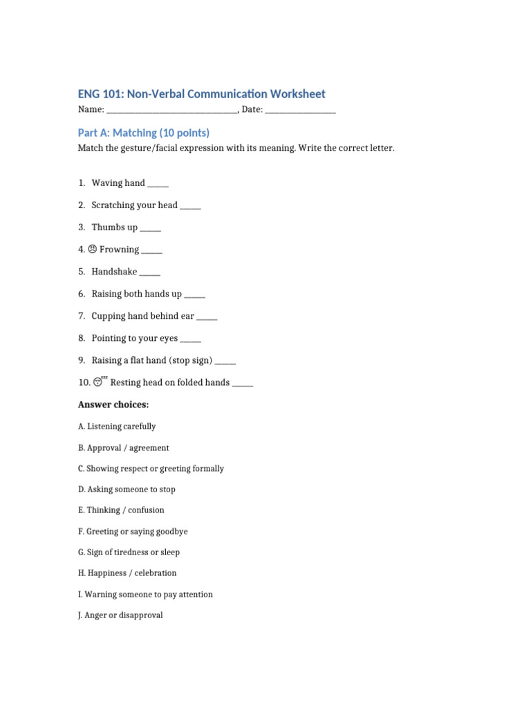 Non Verbal Communication Worksheet | PDF | Nonverbal Communication ...