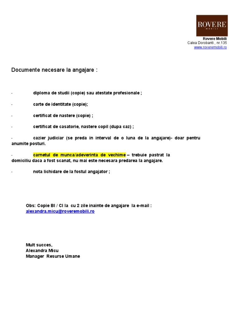 Acte Necesare La Angajare