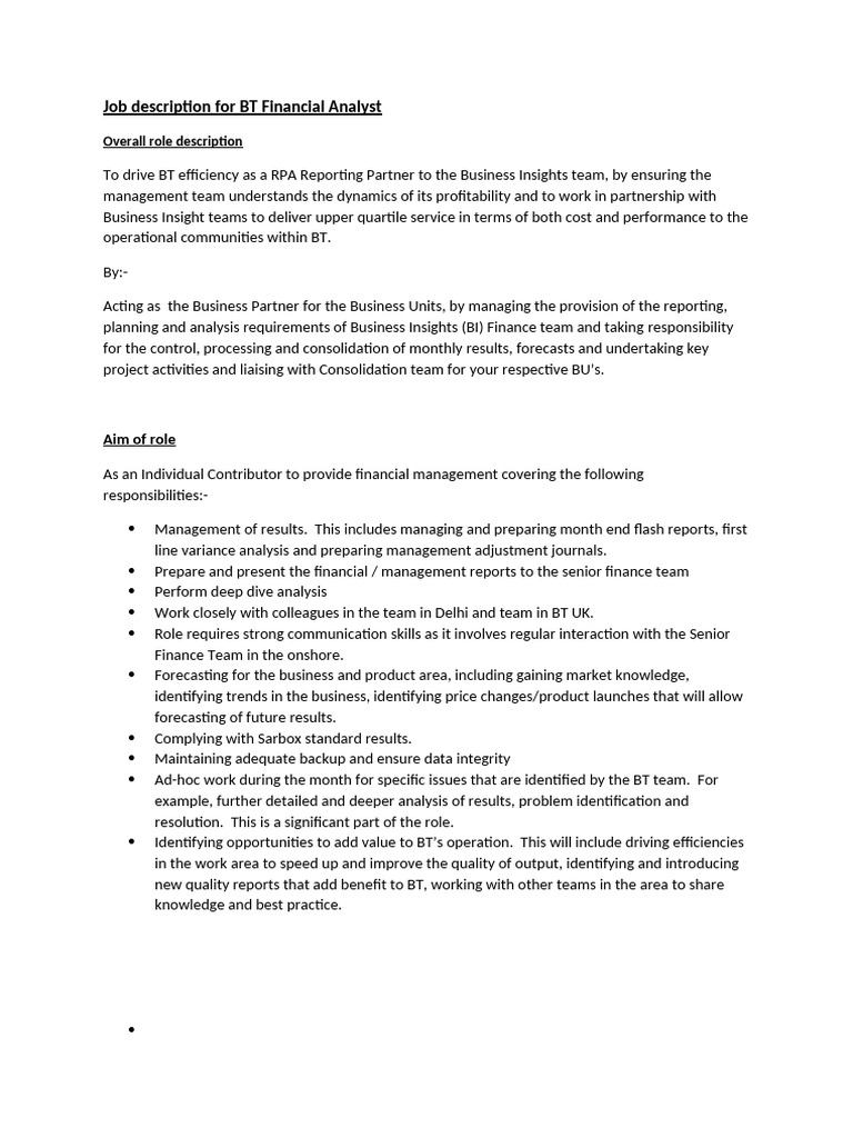 BT Financial Analyst Job Description | PDF | Financial Analyst | Business