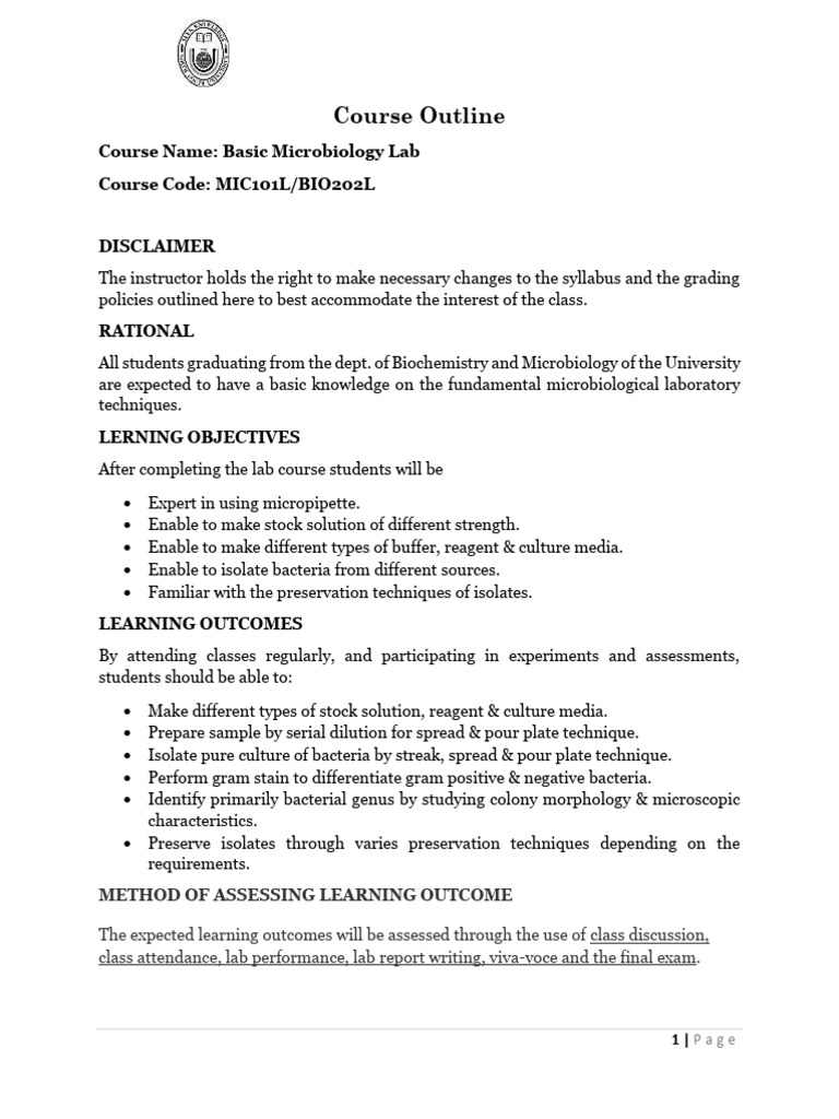 Basic Microbiology Lab Course Outline | PDF | Academic Dishonesty