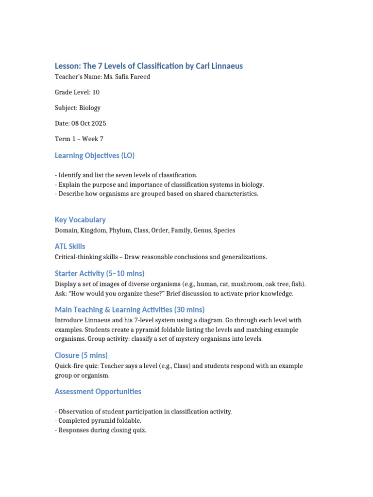 Biology Classification Lesson Plans Grade10 | PDF | Evolution ...
