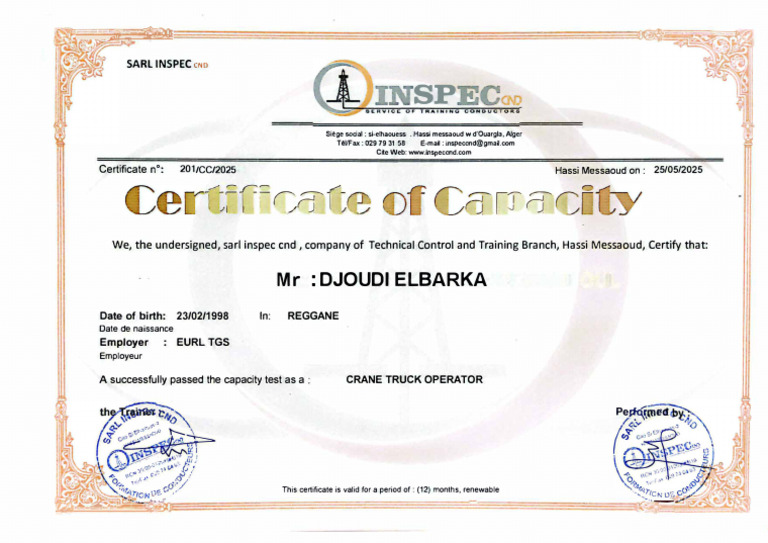 CC Certificate for Crane Operator | PDF