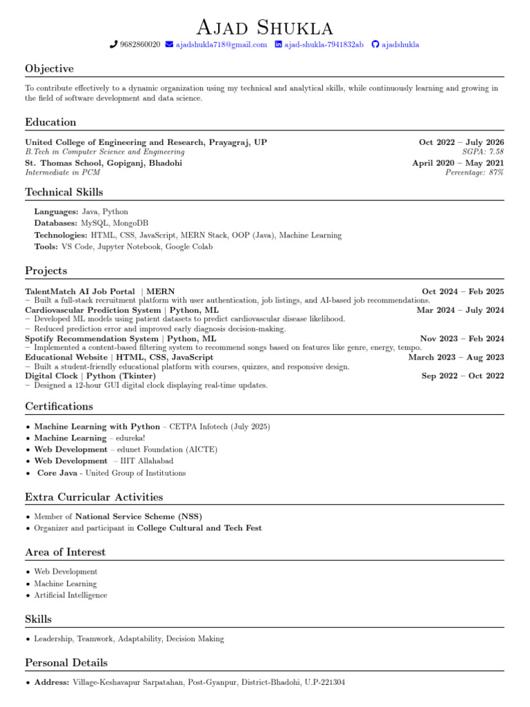 Ajad Shukla: Software Developer Profile | PDF | Machine Learning | Web ...