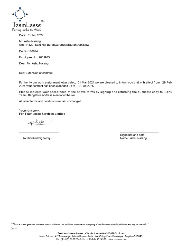 Contract Extension Notification for Ashu Narang | PDF