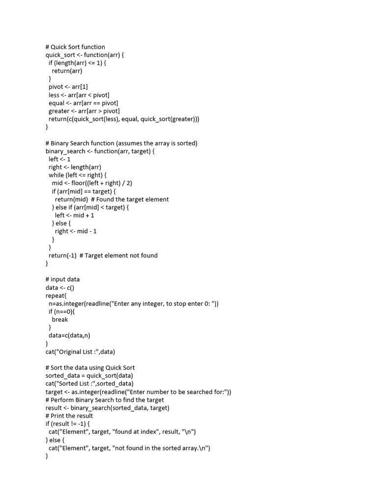 Quick Sort and Binary Search in R | PDF