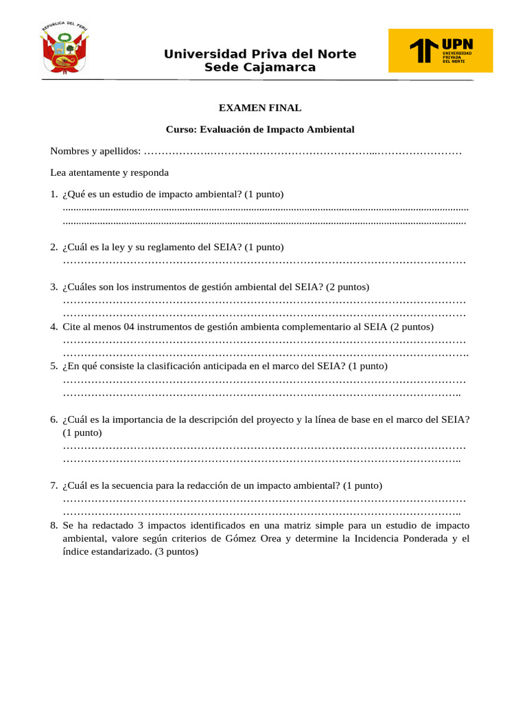 Examen Final: Evaluación de Impacto Ambiental | PDF