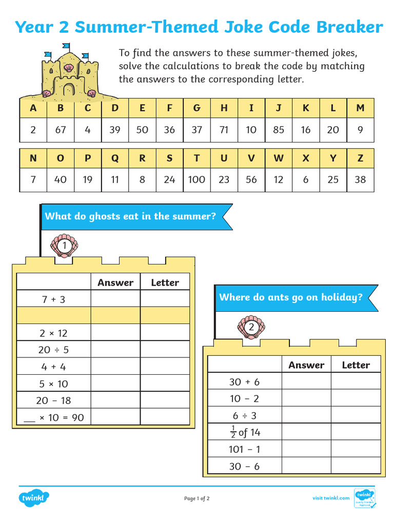 T M 1653921905 Year 2 Summer Themed Joke Code Breaker Activity Sheet ...