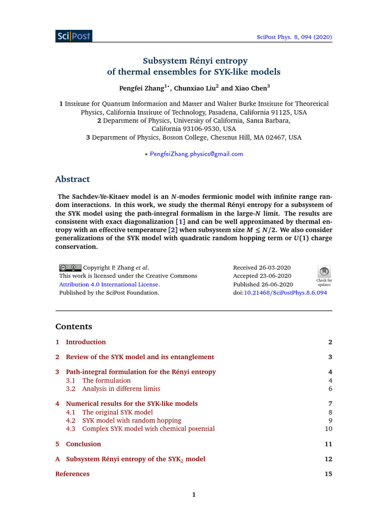 Rényi Entropy in SYK Models Analysis | PDF | Quantum Entanglement | Entropy