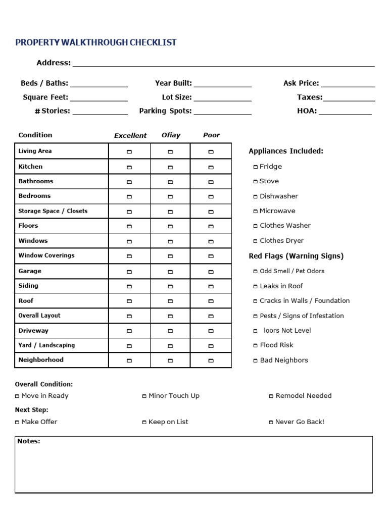 Prepurchase Property Walkthrough Checklist | PDF