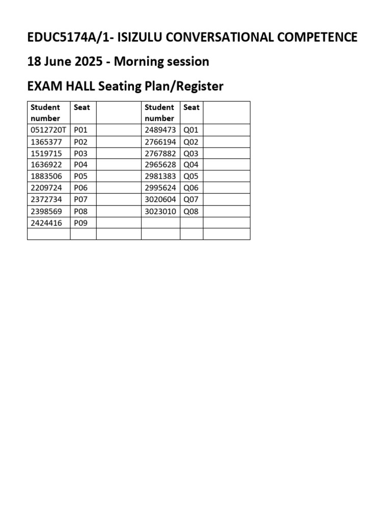 EDUC5174A Seating Plan - Exam Hall | PDF
