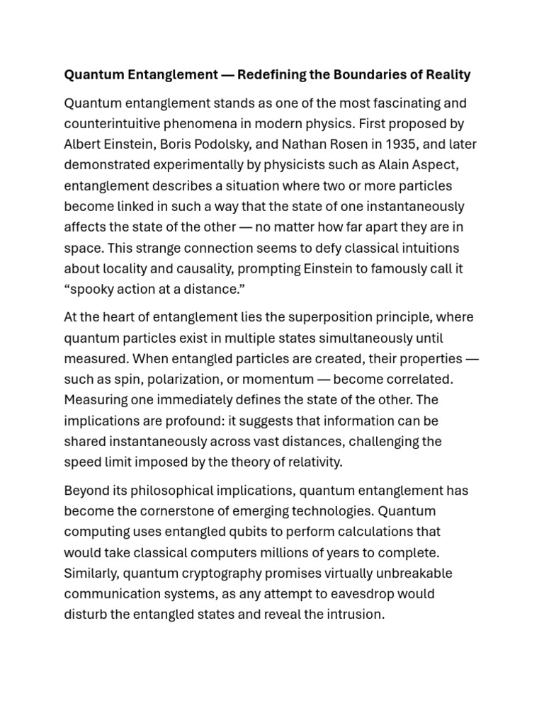 Quantum Entanglement: Redefining Reality | PDF