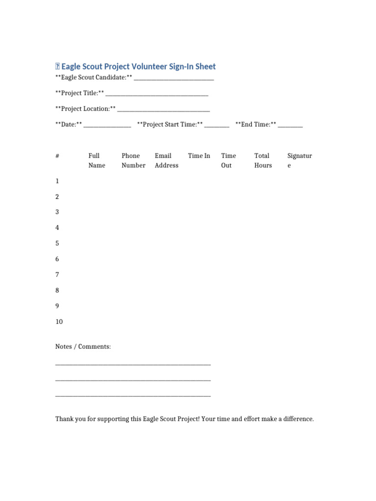 Eagle Scout Project Sign-In Sheet | PDF