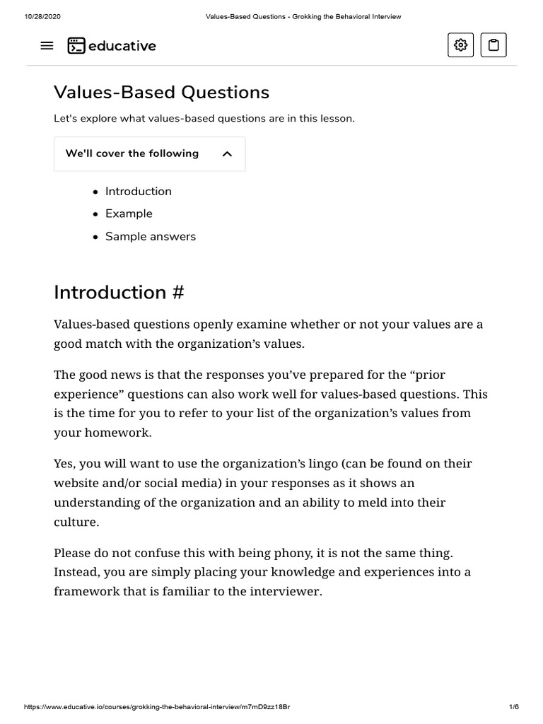Values-Based Questions - Grokking The Behavioral Interview | PDF ...