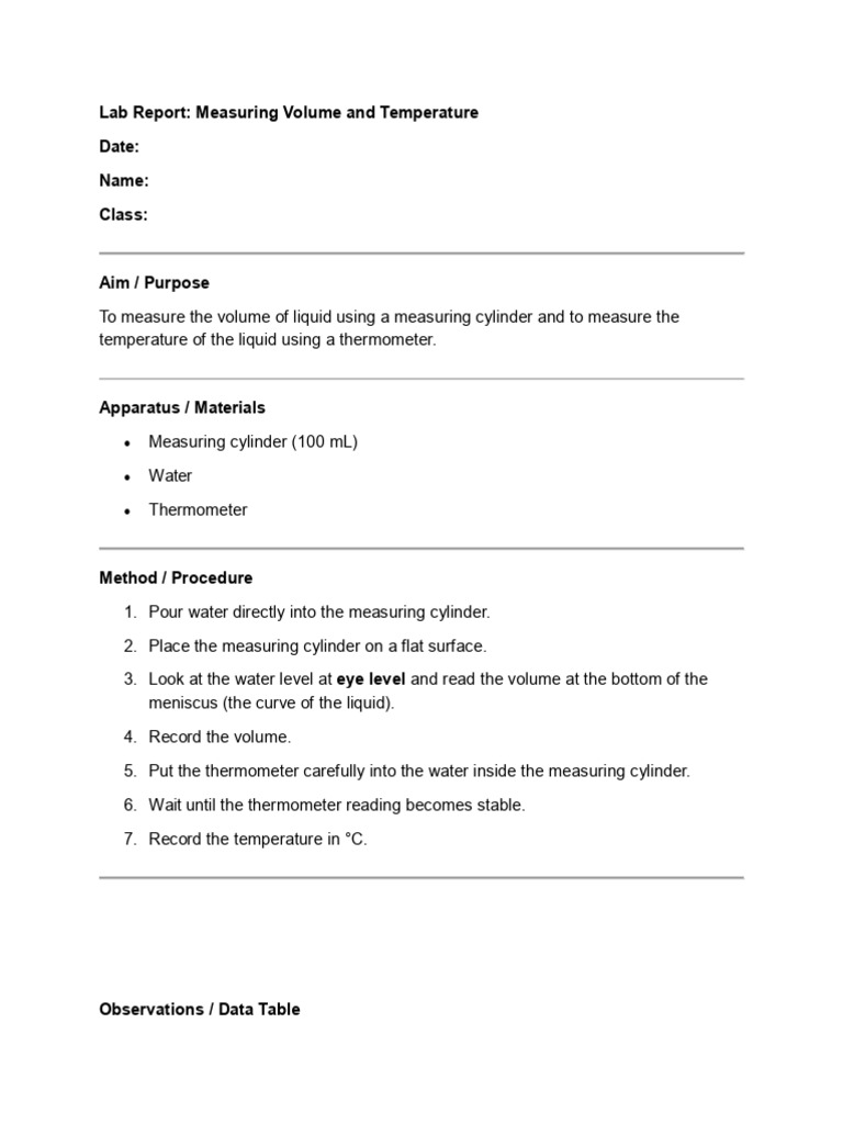 Lab Report Measuring Volume and Temprature | PDF