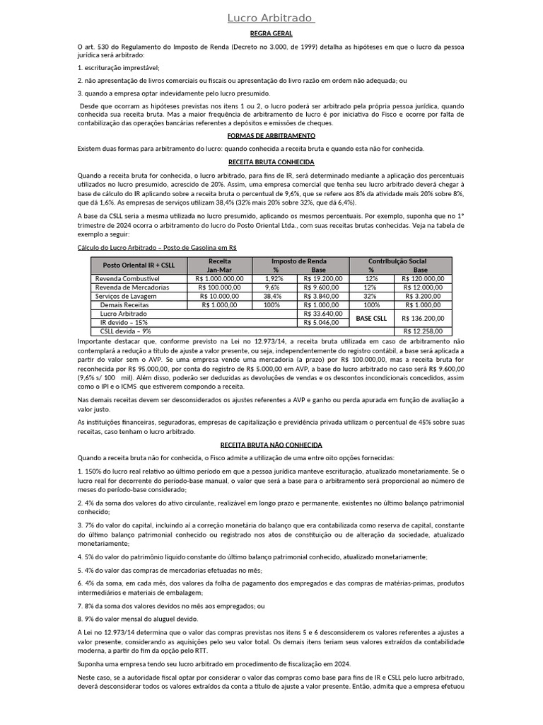 Lucro Arbitrado: Regras e Cálculos IR | PDF | Impostos | Escrituração ...