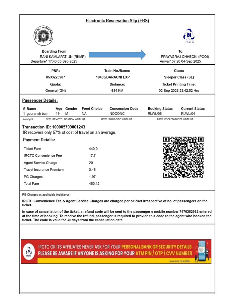 ERS for Train 19483: RKMP to PCOI | PDF | Identity Document