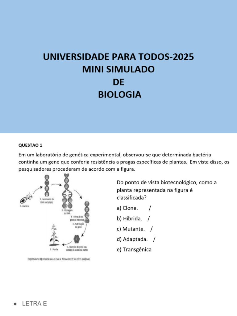 Simulado de Biologia 2025: Questões ENEM | PDF | Célula (Biologia) | Vírus