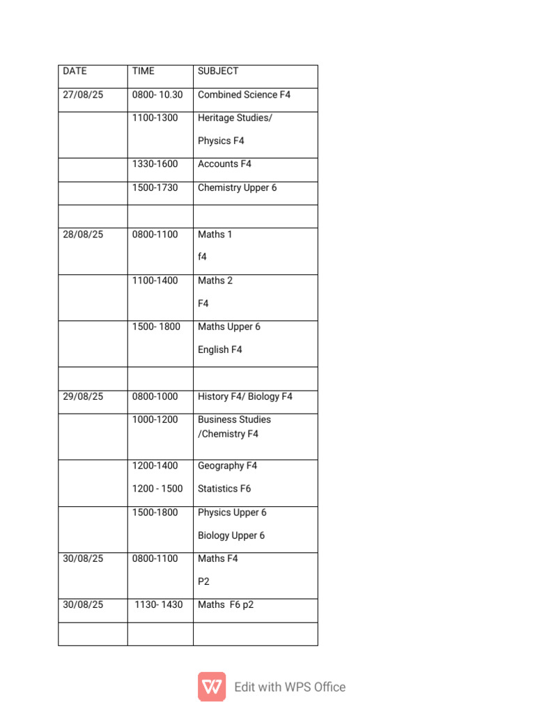 Exam Schedule for August 2025 | PDF