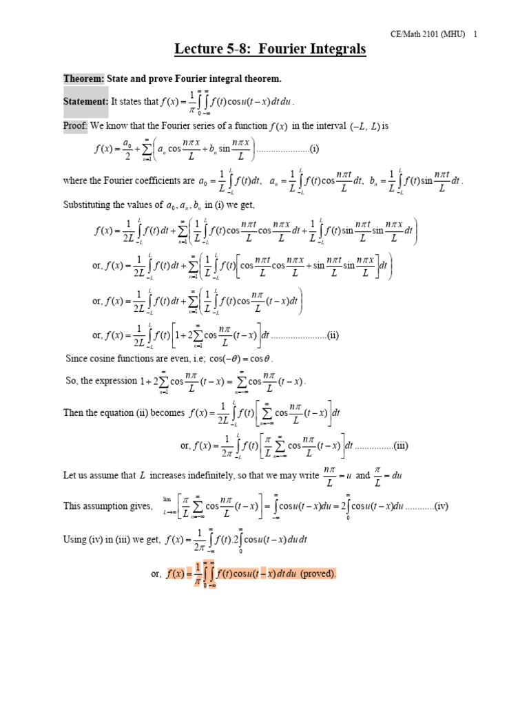 Lecture 5-8 Fourier Integrals | PDF | Fourier Series | Algebra