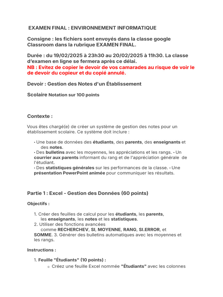 Examen Final : Gestion des Notes Scolaires | PDF | Microsoft Excel ...