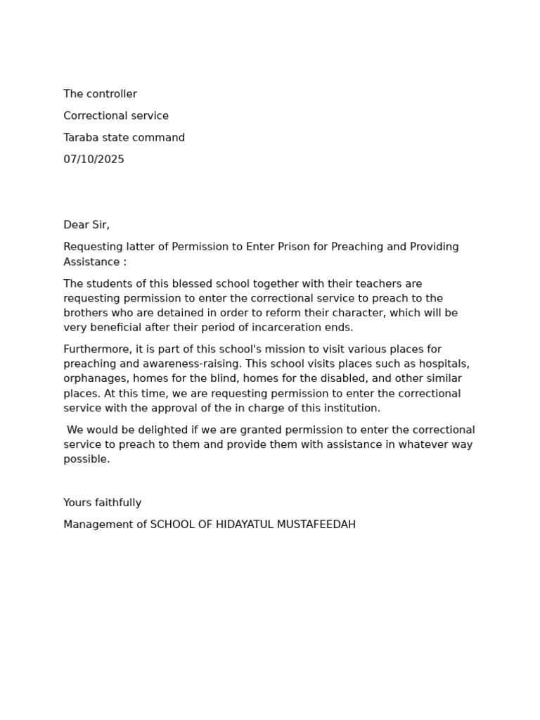 Permission Request for Prison Outreach | PDF