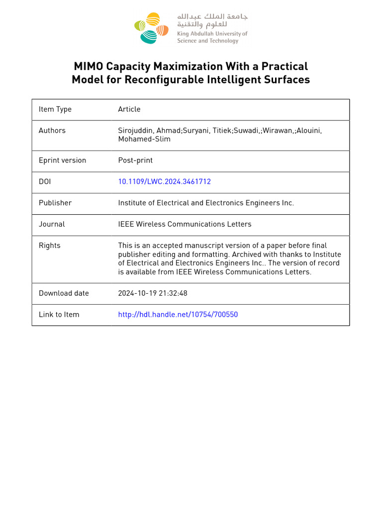 MIMO Capacity with Intelligent Surfaces | PDF | Mimo | Mathematical ...