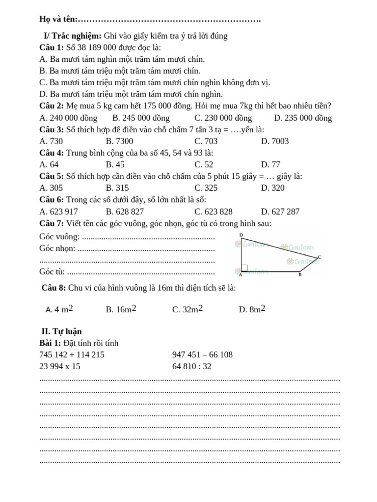 De Ktra Cuoi Ki 1 Toan 4 CD 21-7 | PDF