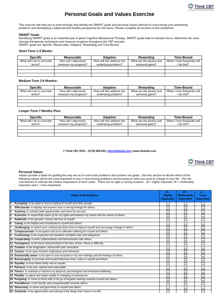CBT Values and Goals Worksheet | PDF | Cognitive Behavioral Therapy ...